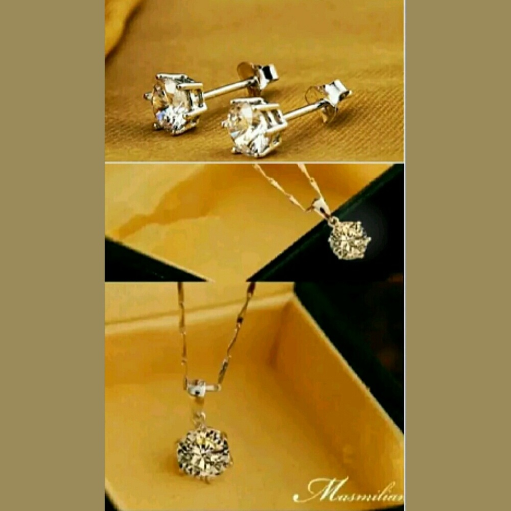 Solitaire 5 prong CZ Diamond necklace Earring set